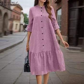 ZANZEA Женское повседневное платье с круглым вырезом и длинными рукавами L розовый