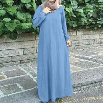 ZANZEA Женское повседневное платье с круглым вырезом и длинными рукавами S светло-синий