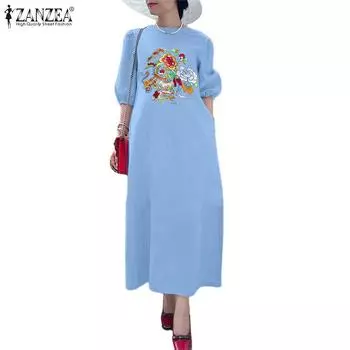 ZANZEA Женское повседневное платье с круглым вырезом и коротким рукавом S синий