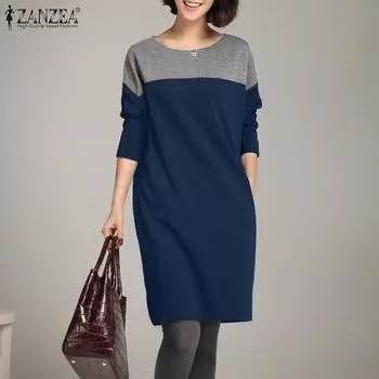 ZANZEA Женское повседневное платье с круглым вырезом и длинными рукавами в стиле пэчворк S темно-синий