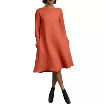 ZANZEA Женское повседневное платье с круглым вырезом и длинными рукавами, однотонное S темно-синий