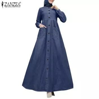 ZANZEA Женское повседневное платье с круглым вырезом и длинным рукавом S синий