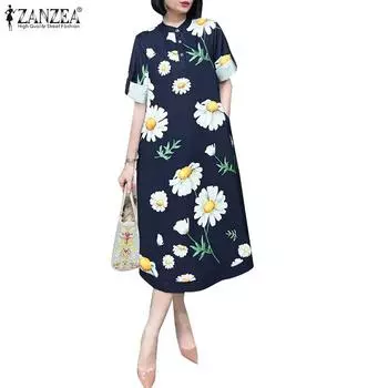 ZANZEA Женское повседневное платье с круглым вырезом и рукавами 3/4 с цветочным принтом S жёлтый