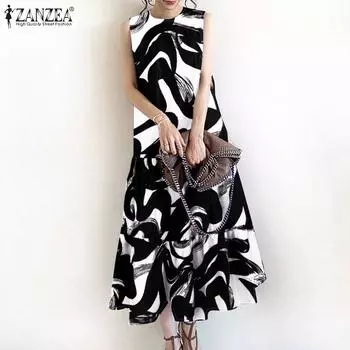 ZANZEA Женское повседневное платье с круглым вырезом без рукавов с принтом и длинными рукавами 3XL чёрный
