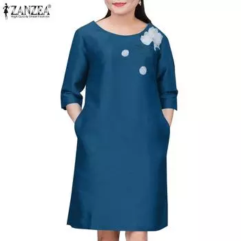 ZANZEA Женское повседневное платье с круглым вырезом и рукавами 3/4 с цветочным принтом S синий