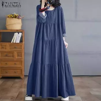 ZANZEA Женское повседневное платье с круглым вырезом и длинным рукавом 3XL