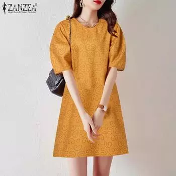 ZANZEA Женское повседневное платье с круглым вырезом и коротким рукавом для отдыха на лето 4XL зелёный