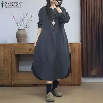 ZANZEA Женское повседневное платье с круглым вырезом и длинными рукавами S темно-синий