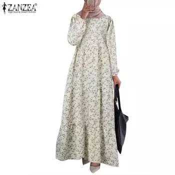ZANZEA Женское повседневное платье с круглым вырезом и цветочным принтом, с длинными рукавами S белый