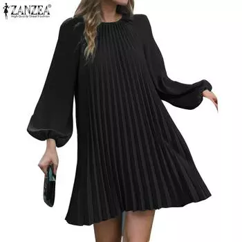 ZANZEA Женское повседневное платье с круглым вырезом и длинными рукавами S чёрный