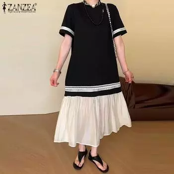 ZANZEA Женское повседневное платье с круглым вырезом и коротким рукавом в стиле пэчворк, длинное 5XL темно-синий