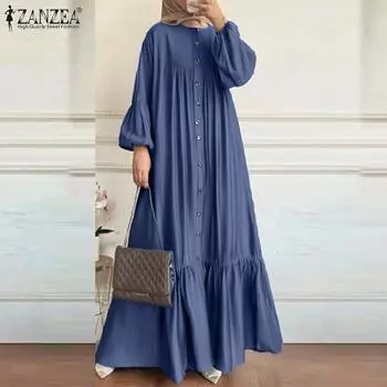 ZANZEA Женское повседневное платье с круглым вырезом и длинным рукавом S светло-синий