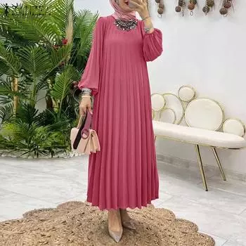 ZANZEA Женское повседневное платье с круглым вырезом и длинным рукавом, свободное, плиссированное S камео розовый
