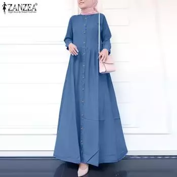 ZANZEA Женское повседневное платье с круглым вырезом и длинными рукавами 3XL синий