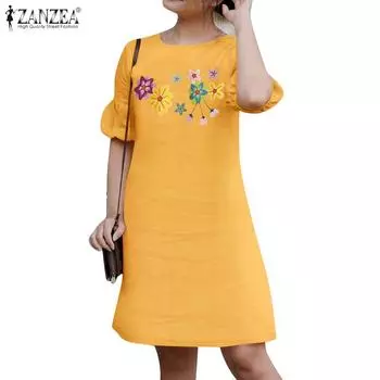 ZANZEA Женское повседневное платье с круглым вырезом и цветочным принтом, с короткими рукавами S темно-синий