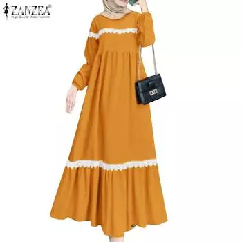 ZANZEA Женское повседневное платье с круглым вырезом и длинными рукавами в стиле пэчворк S жёлтый