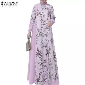 ZANZEA Женское повседневное платье с круглым вырезом и принтом в стиле пэчворк с длинными рукавами S розовый