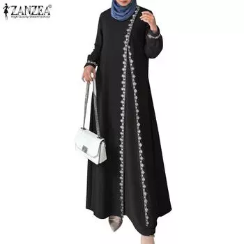 ZANZEA Женское повседневное платье с круглым вырезом и длинными рукавами в стиле пэчворк S чёрный