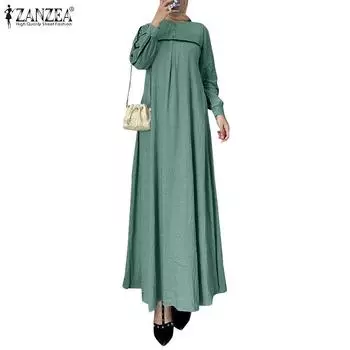 ZANZEA Женское повседневное платье с круглым вырезом и длинными рукавами в стиле ретро S зелёный