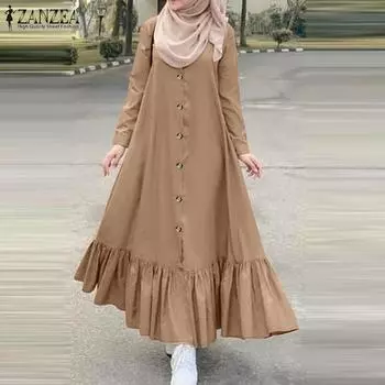 ZANZEA Женское повседневное платье с круглым вырезом и длинными рукавами, свободными оборками и подолом M чёрный