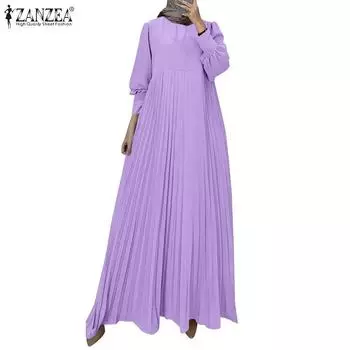 ZANZEA Женское повседневное платье с круглым вырезом и длинными рукавами, свободное, плиссированное, длинное S коричневый