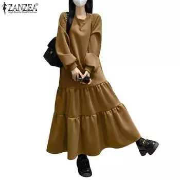 ZANZEA Женское повседневное платье с круглым вырезом и длинным рукавом 2XL чёрный