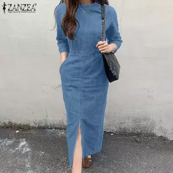 ZANZEA Женское повседневное платье с круглым вырезом и однотонным принтом, рукав 3/4 M синий