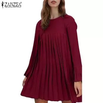 ZANZEA Женское повседневное платье с круглым вырезом и длинными рукавами L серый