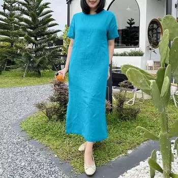 ZANZEA Женское повседневное платье с круглым вырезом и коротким рукавом S синий