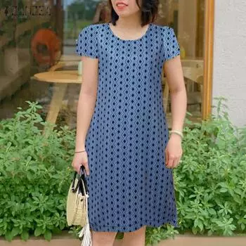 ZANZEA Женское повседневное платье с круглым вырезом и коротким рукавом в стиле ретро с принтом S оранжевый