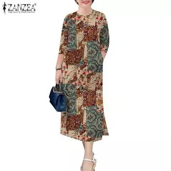 ZANZEA Женское повседневное платье с круглым вырезом и рукавом 3/4 с принтом S синий
