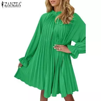 ZANZEA Женское повседневное платье с круглым вырезом и длинными рукавами, плиссированное XL красный