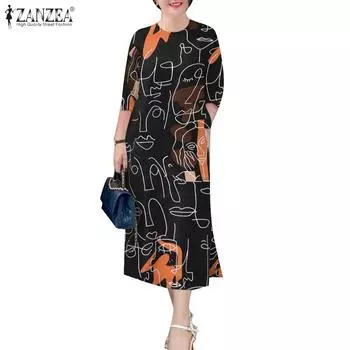ZANZEA Женское повседневное платье с круглым вырезом и рукавом 3/4 S чёрный