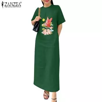 ZANZEA Женское повседневное платье с круглым вырезом и коротким рукавом S жёлтый