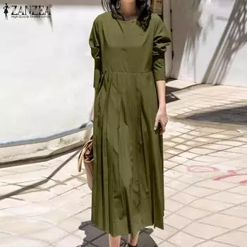 ZANZEA Женское повседневное платье с круглым вырезом и длинным рукавом S тёмно-синий