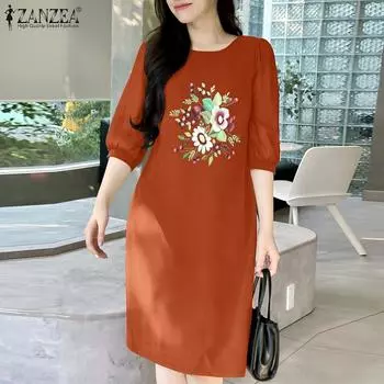 ZANZEA Женское повседневное платье с круглым вырезом и рукавом 3/4 с цветочным принтом S синий