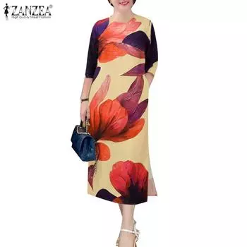 ZANZEA Женское повседневное платье с круглым вырезом и рукавом 3/4 с принтом XL зелёный