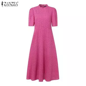 ZANZEA Женское повседневное платье с круглым вырезом и коротким рукавом, свободное, вязаное крючком M темно-розовый