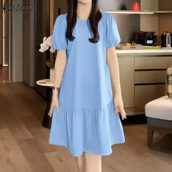 ZANZEA Женское повседневное платье с круглым вырезом и коротким рукавом, свободное летнее платье M
