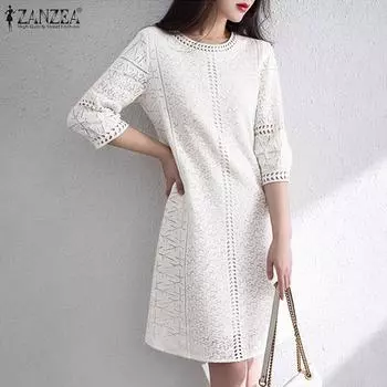 ZANZEA Женское повседневное платье с круглым вырезом и рукавом 3/4, летнее, ажурное, в технике пэчворк S белый