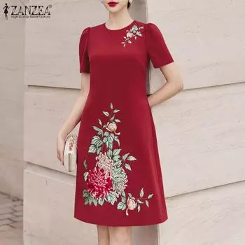 ZANZEA Женское повседневное платье с круглым вырезом и коротким рукавом Летнее платье с принтом S красный