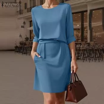 ZANZEA Женское повседневное платье с круглым вырезом, однотонное, летнее, с рукавом до локтя S чёрный