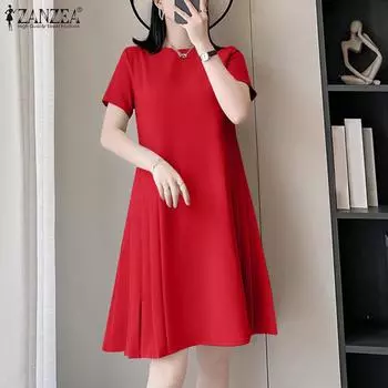ZANZEA Женское повседневное платье с круглым вырезом и коротким рукавом M