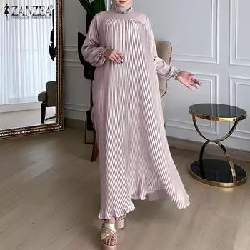 ZANZEA Женское повседневное платье с круглым вырезом и длинными рукавами, плиссированное XL светло-фиолетовый