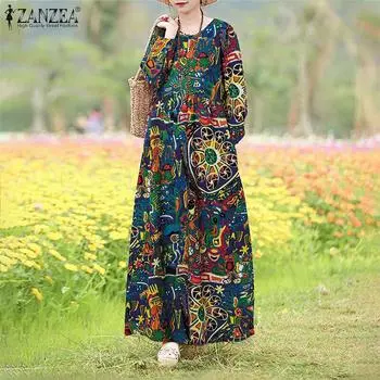 ZANZEA Женское повседневное платье с круглым вырезом и длинными рукавами и принтом в стиле ретро L зелёный