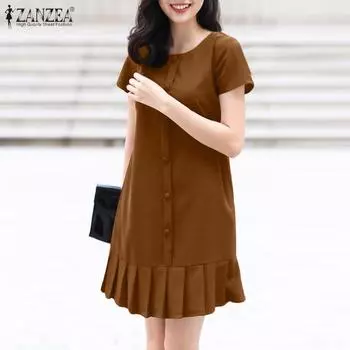 ZANZEA Женское повседневное платье с круглым вырезом и однотонным свободным коротким рукавом S коричневый