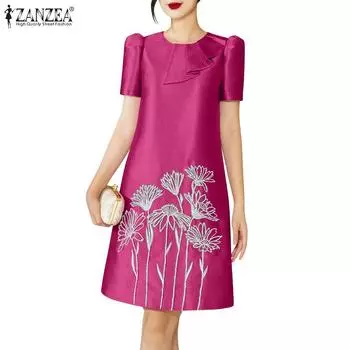 ZANZEA Женское повседневное платье с круглым вырезом и коротким рукавом с вышивкой S чёрный