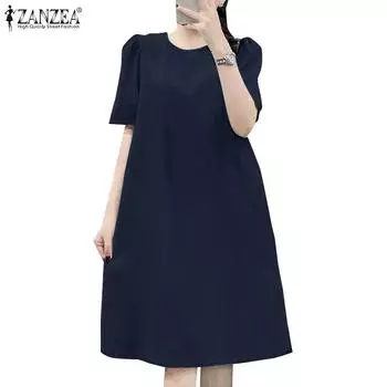 ZANZEA Женское повседневное платье с круглым вырезом и коротким рукавом 3XL хаки