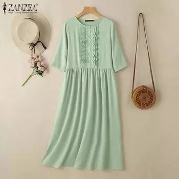 ZANZEA Женское повседневное платье с круглым вырезом, летнее, однотонное, с коротким рукавом M белый
