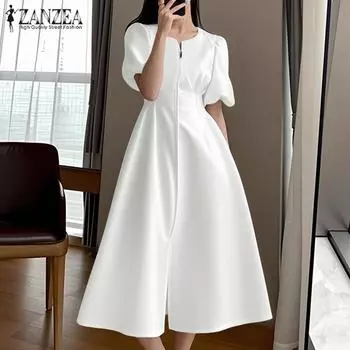ZANZEA Женское Повседневное Платье с Круглым Вырезом и Молнией Летнее Короткое Рукавом Длинное Платье S белый